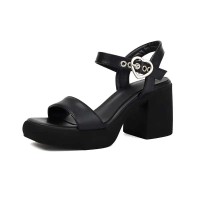 Peep Toe Chunky Heels Ankle Buckle Heart Straps Low Platforms Sandals - Black Faux Leather