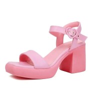 Peep Toe Chunky Heels Ankle Buckle Heart Straps Low Platforms Sandals - Pink Faux Leather