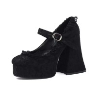 Round Toe Chunky Heels Mary Janes Buckle Straps Lace Decorated Gothic Pumps - Black Microfiber