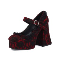 Round Toe Chunky Heels Mary Janes Buckle Straps Lace Decorated Gothic Pumps - Red Microfiber