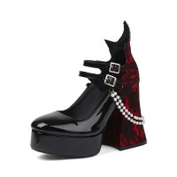 Round Toe Chunky Heels Hill Double Buckle Straps Beads Gothic Pumps - Black Patent