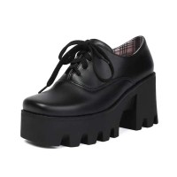 Square Toe Lace Up Chunky Heels Platforms Loafers  - Black Faux Leather