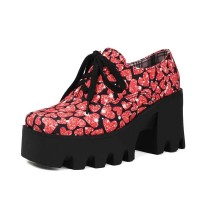 Square Toe Lace Up Chunky Heels Platforms Heart Pattern Loafers  - Red Faux Leather