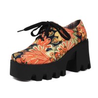 Square Toe Lace Up Chunky Heels Platforms Flower Pattern Loafers  - Yellow Faux Leather