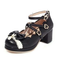 Round Toe Ankle Buckle Cross Buckle Straps Bowknot Chunky Heels Pumps - Black Faux Leather