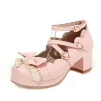 Round Toe Ankle Buckle Cross Buckle Straps Bowknot Chunky Heels Pumps - Pink Faux Leather