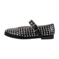 Round Toe Mary Janes Rhinestones Retro Flats - Black Faux Leather