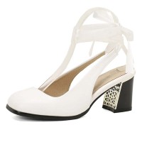 Square Toe Chunky Heels Slingback Ankle Lace Sandals - White Faux Leather