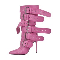 Pointed Toe Stiletto Heels Belt Buckle Straps Side Zipper Ankle Highs Punk Boots - Pink Faux Leather
