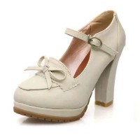 Round Toe Cuban Heels Mary Janes Platforms Bowknot Oxford Loafer Pumps - Beige Faux Leather