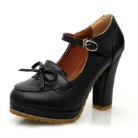Round Toe Cuban Heels Mary Janes Platforms Bowknot Oxford Loafer Pumps - Black Faux Leather