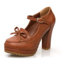Round Toe Cuban Heels Mary Janes Platforms Bowknot Oxford Loafer Pumps - Brown Faux Leather