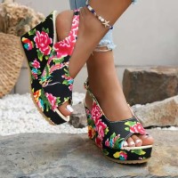 Peep Toe Back Buckle Straps Platforms Wedges Flower Summer Sandals - Black Faux Leather