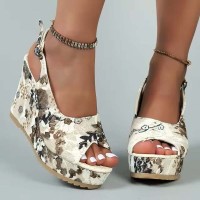 Peep Toe Back Buckle Straps Platforms Wedges Flower Summer Sandals - Khaki Faux Leather