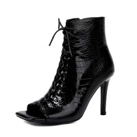 Square Open Toe Lace Up Stiletto Heels Ankle Highs Summer Booties - Black Patent