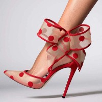 Pointed Toe Stiletto Heels Polka Dots Mesh Pumps - Red Lace