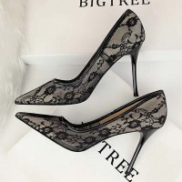 Pointed Toe Stiletto Heels Elegant Transparent Summer Spring Pumps - Black Lace