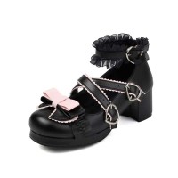 Round Toe Ankle Buckle Cross Buckle Straps Bowknot Chunky Heels Lolita Pumps - Black Faux Leather