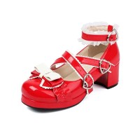 Round Toe Ankle Buckle Cross Buckle Straps Bowknot Chunky Heels Lolita Pumps - Red Patent