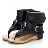 Vintage Style Open Toe Flip Flops KneeHighs Flats Summer Boots Sandals - Black Faux Leather