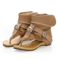 Vintage Style Open Toe Flip Flops KneeHighs Flats Summer Boots Sandals - Khaki Faux Leather