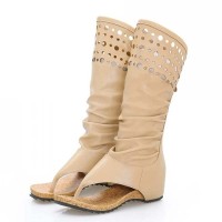 Vintage Style Open Toe Flip Flops KneeHighs Flats Summer Boots Sandals - Beige Faux Leather
