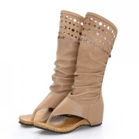 Vintage Style Open Toe Flip Flops KneeHighs Flats Summer Boots Sandals - Khaki Faux Leather