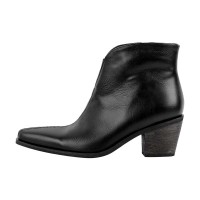 Pointed Toe Side Zipper Chunky Heels Ankle Western Cowgirl Boots - Black Faux Leather