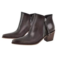 Pointed Toe Side Zipper Chunky Heels Ankle Western Cowgirl Boots - Dark Brown Faux Leather