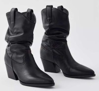Round Toe Knee High Chunky Heels Western Style Cowboy Slip On Boots - Black Faux Leather