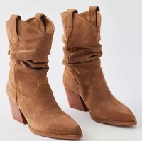 Round Toe Knee High Chunky Heels Western Style Cowboy Slip On Boots - Brown Flock