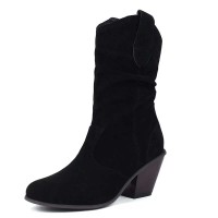 Round Toe Knee High Chunky Heels Western Style Cowboy Slip On Boots - Black Flock