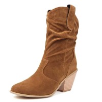 Round Toe Knee High Chunky Heels Western Style Cowboy Slip On Boots - Brown Flock