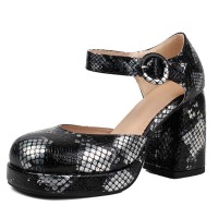 Round Toe Ankle Buckle Straps Chunky Heels Dorsay Snake Print Sandals - Black Faux Leather