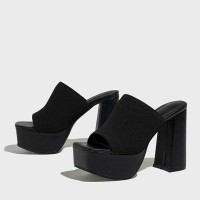 Square Open Toe Chunky Heels Platform Stretch Cozy Summer Spring Sandals - Black Fabric