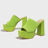 Square Open Toe Chunky Heels Platform Stretch Cozy Summer Spring Sandals - Green Fabric