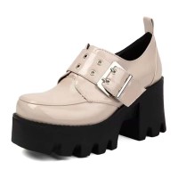 Square Toe Mary Janes Buckle Straps Chunky Heels Platforms Loafers  - Beige Patent