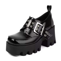 Square Toe Mary Janes Buckle Straps Chunky Heels Platforms Loafers  - Black Patent