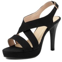 Peep Toe Cross Design Slingback Stiletto Heels Platforms Sandals - Black Denim