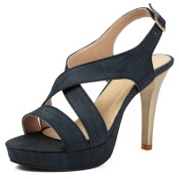 Peep Toe Cross Design Slingback Stiletto Heels Platforms Sandals - Blue Denim