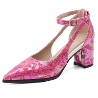 Pointed Toe Chunky Heels Ankle Buckle Straps Geometric Design Sandals - Rose Faux Leather