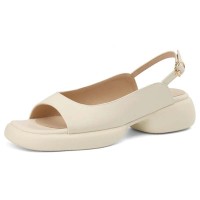 Peep Toe Platforms Flats Slippers Slingback Sandals - Beige Faux Leather