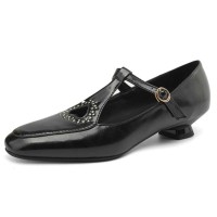 Round Toe Heart Decorated Vintage T Mary Janes Straps Kitten Heels Sandals - Black Faux Leather