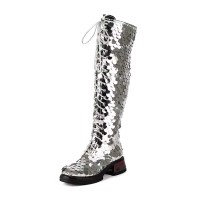 Round Toe Platforms Side Zipper Lace Up Knee Highs Bling Style Boots - Silver Sequined Cloth