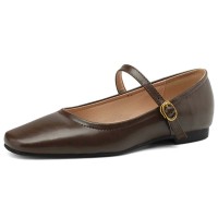 Round Toe Vintage Mary Janes Comfortable Office Working Flats - Brown Faux Leather