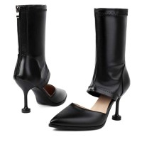 Pointed Toe Summer Sock Mid Calf Stiletto Heels Back Zipper Booties - Black Faux Leather