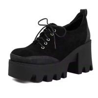 Square Toe Lace Up Chunky Heels Platforms Patchwork Loafers  - Black Flock