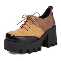 Square Toe Lace Up Chunky Heels Platforms Patchwork Loafers  - Brown Flock