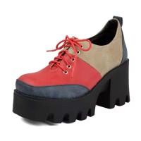 Square Toe Lace Up Chunky Heels Platforms Patchwork Loafers  - Red Flock