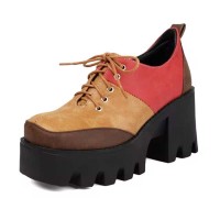 Square Toe Lace Up Chunky Heels Platforms Patchwork Loafers  - Yellow Flock